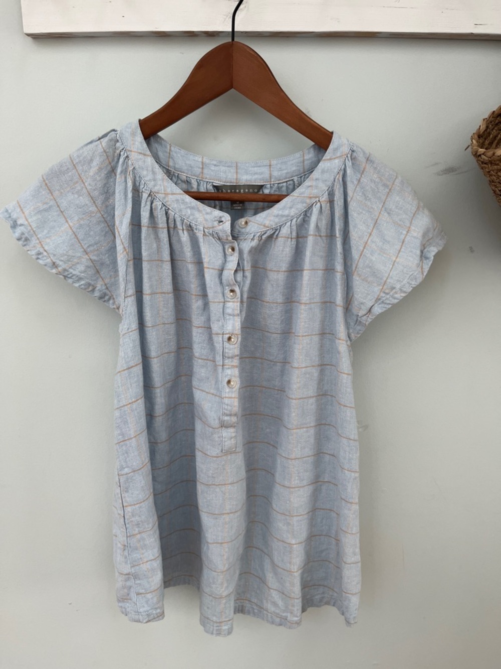 Sharagano Linen Blend Light Blue Striped Button-Front Women's Top